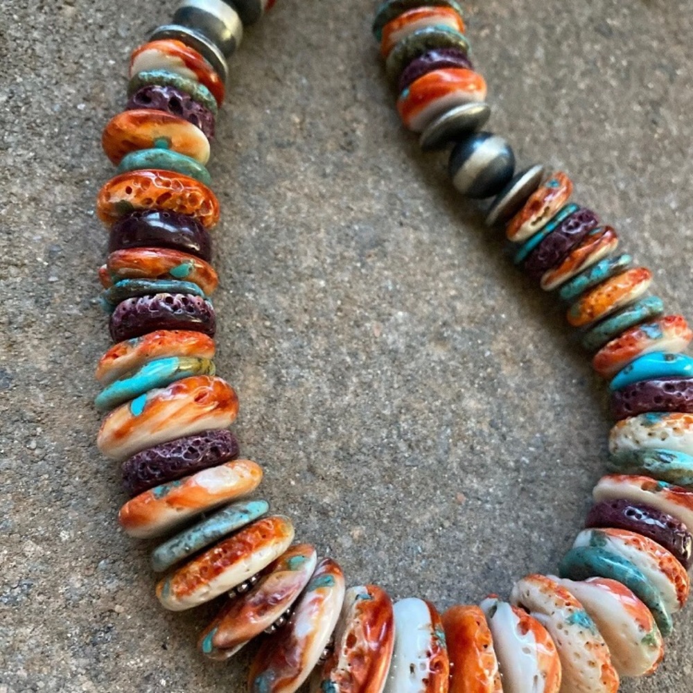 S.S.Multi StoneTurquoiseSpiny Oyster Bead Necklace - Picture 7 of 8